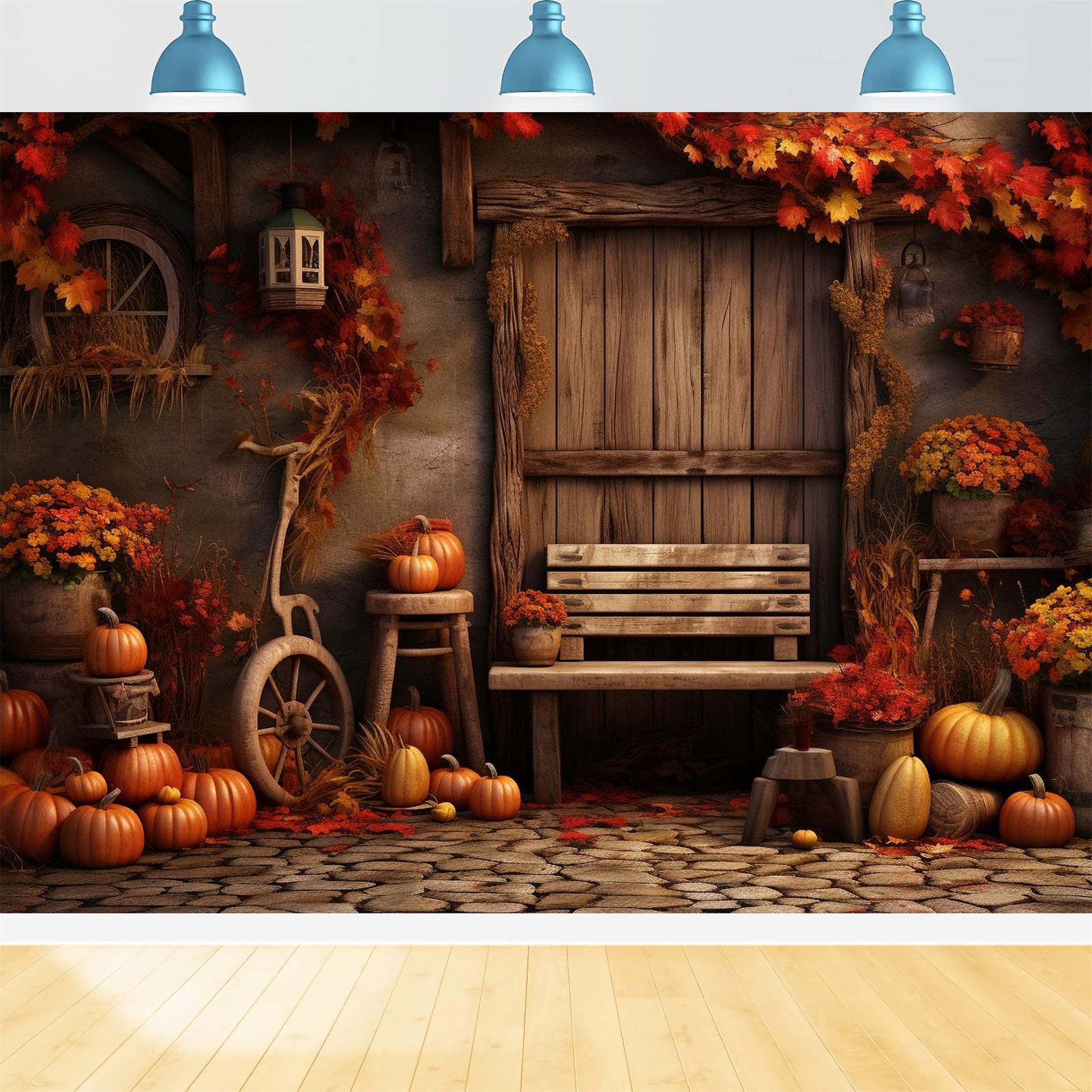 Herbst Ahornblatt Kürbis Holz Tür Hintergrund BRP7-132