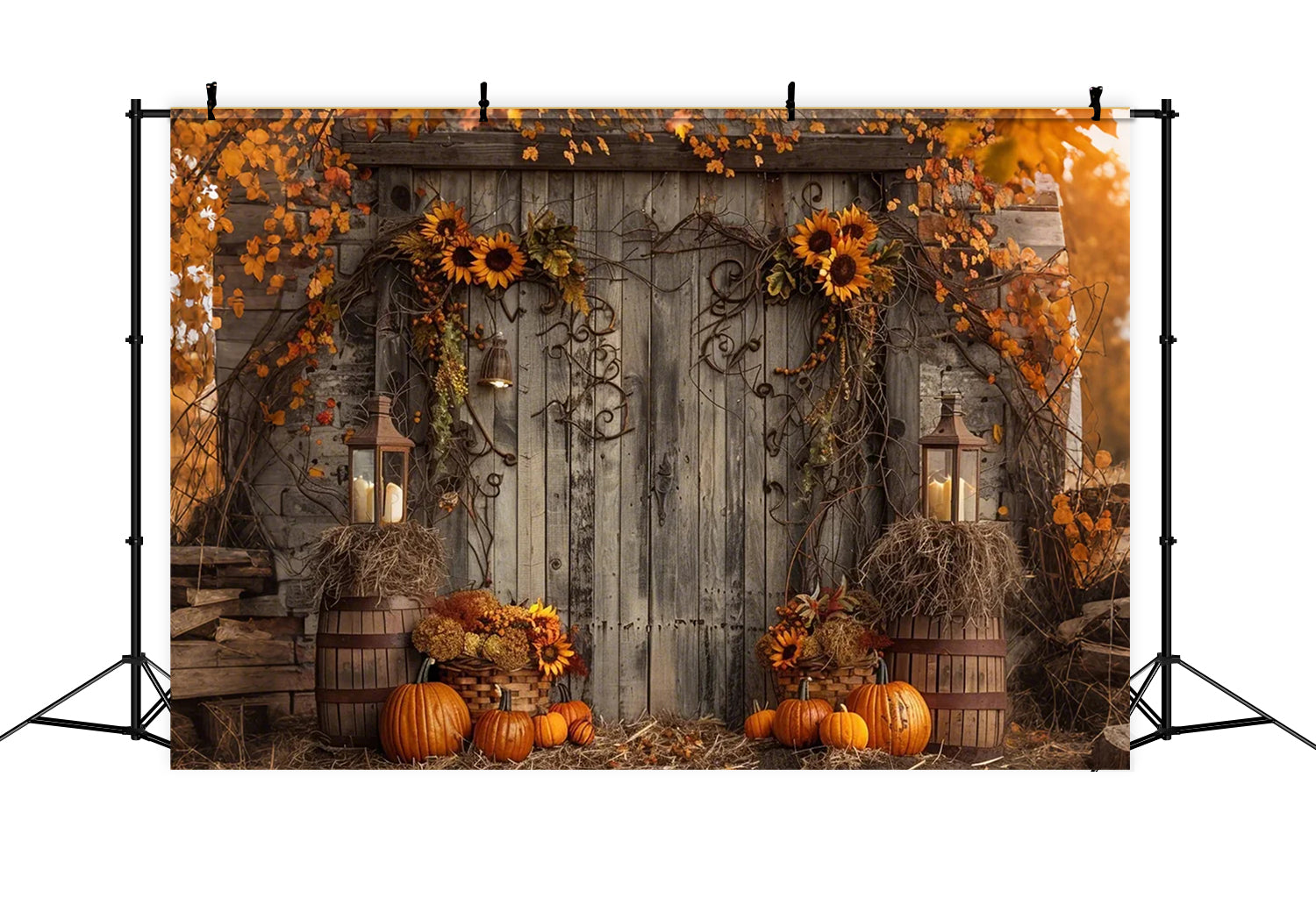 Herbst-Holztür mit Blatt-Kürbis-Kulisse BRP7-136
