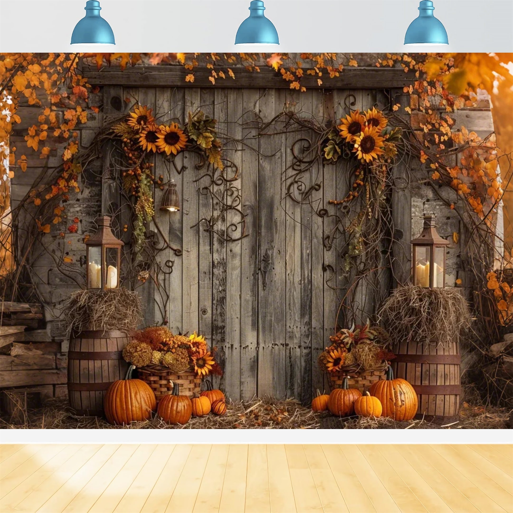 Herbst-Holztür mit Blatt-Kürbis-Kulisse BRP7-136