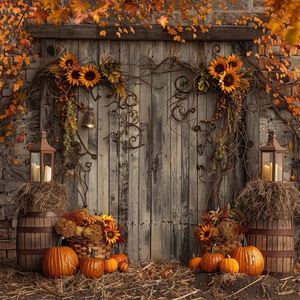 Herbst-Holztür mit Blatt-Kürbis-Kulisse BRP7-136