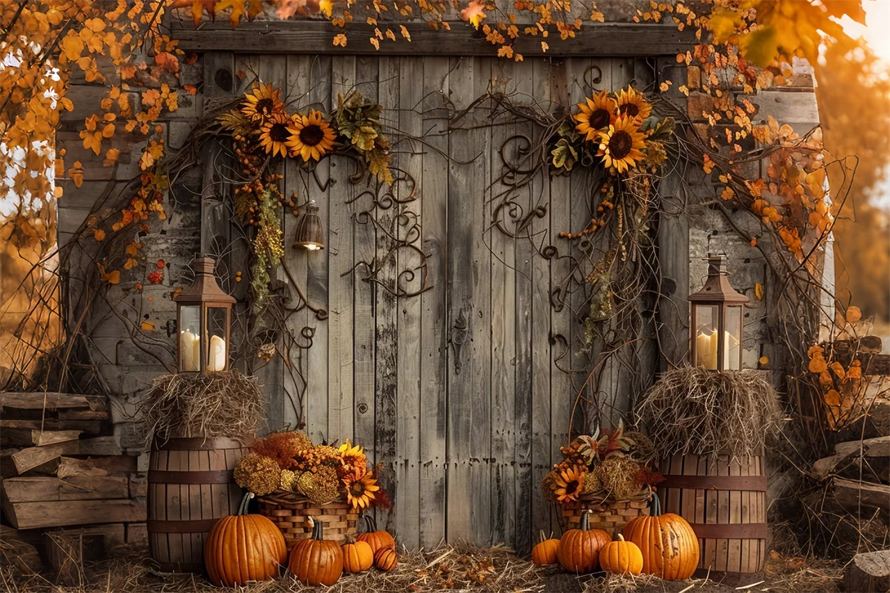 Herbst-Holztür mit Blatt-Kürbis-Kulisse BRP7-136