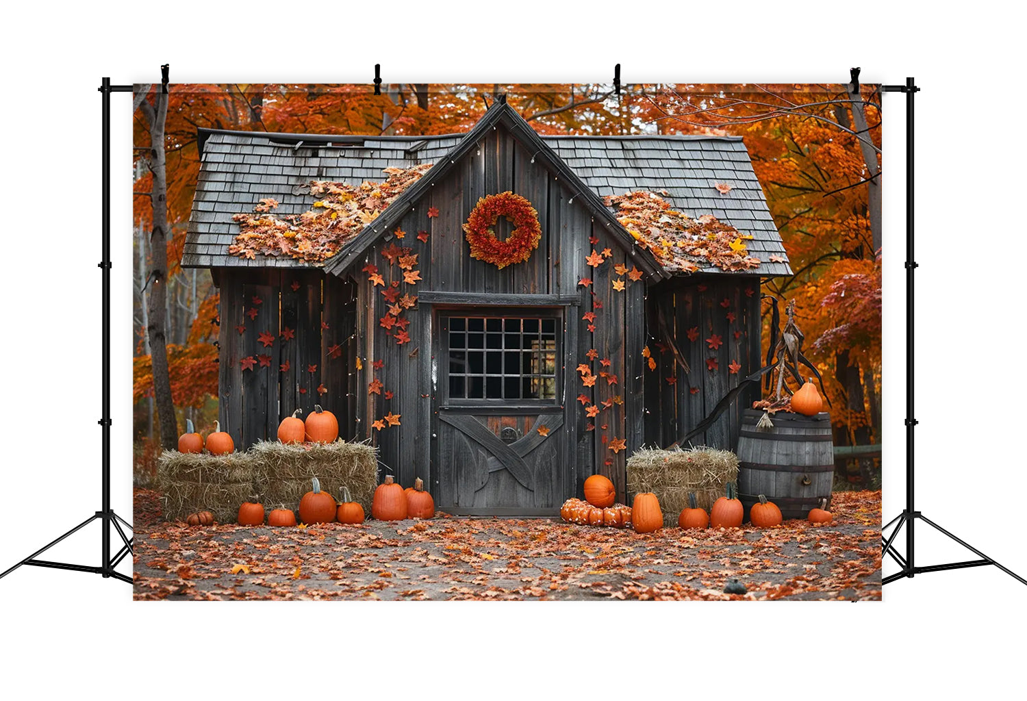 Herbst Holz Kürbis Haus Blätter Fotografie Hintergrund BRP7-144