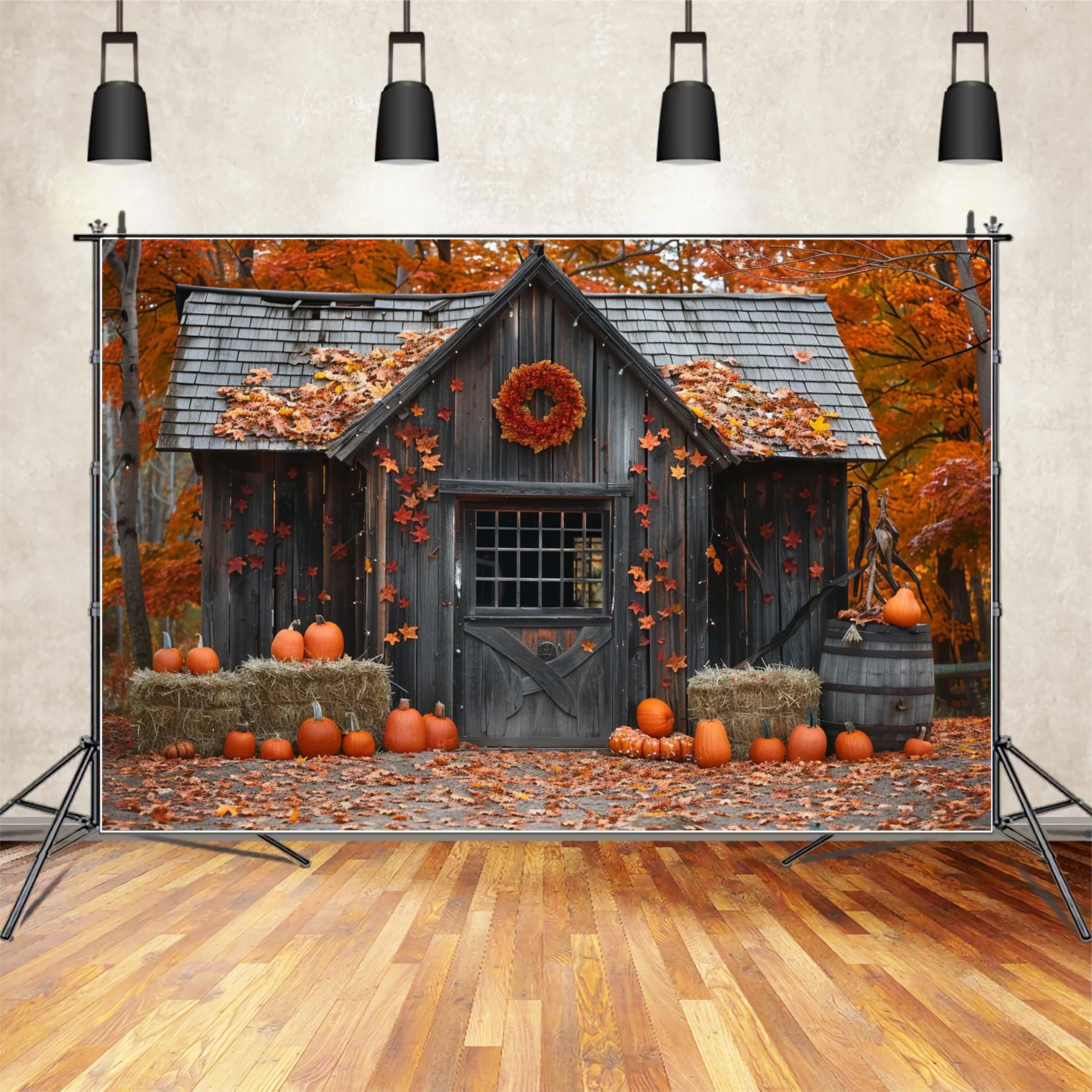 Herbst Holz Kürbis Haus Blätter Fotografie Hintergrund BRP7-144