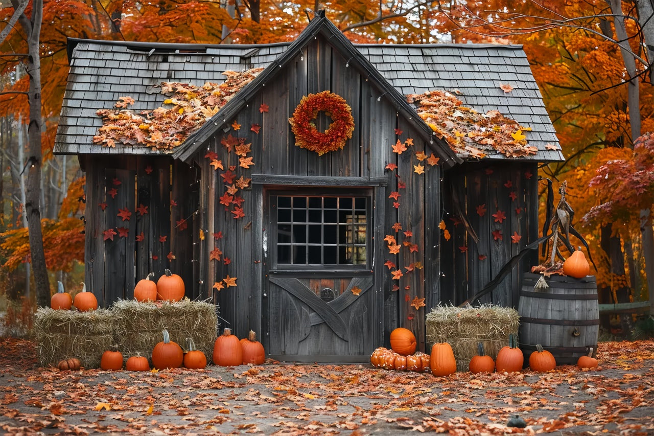 Herbst Holz Kürbis Haus Blätter Fotografie Hintergrund BRP7-144