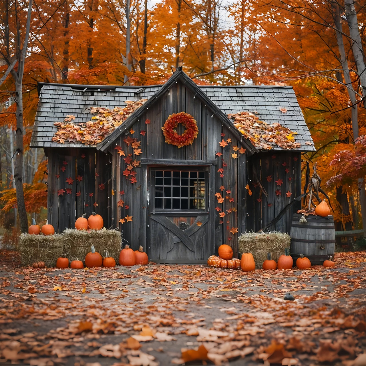 Herbst Holz Kürbis Haus Blätter Fotografie Hintergrund BRP7-144