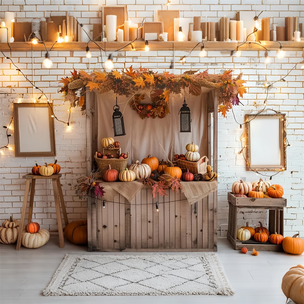 Herbst Kürbis Shop Weiß Backstein Fotografie Hintergrund BRP7-146