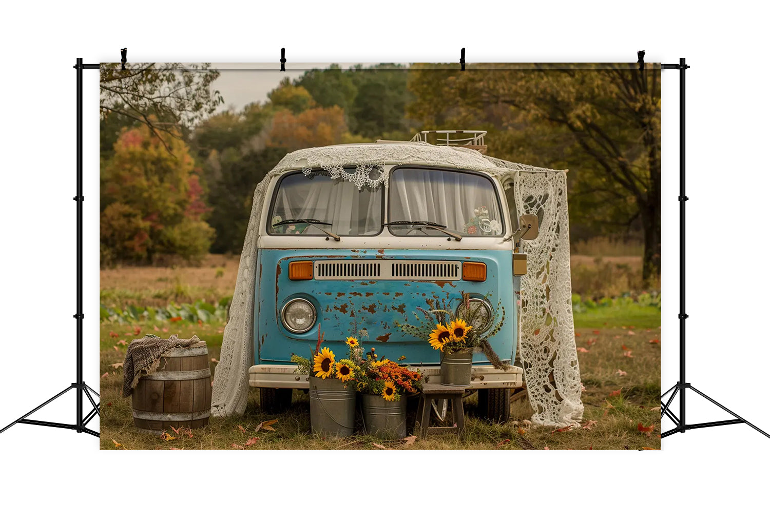 Herbst Sonnenblume Blau Weiß Bus Fotografie Hintergrund BRP7-156