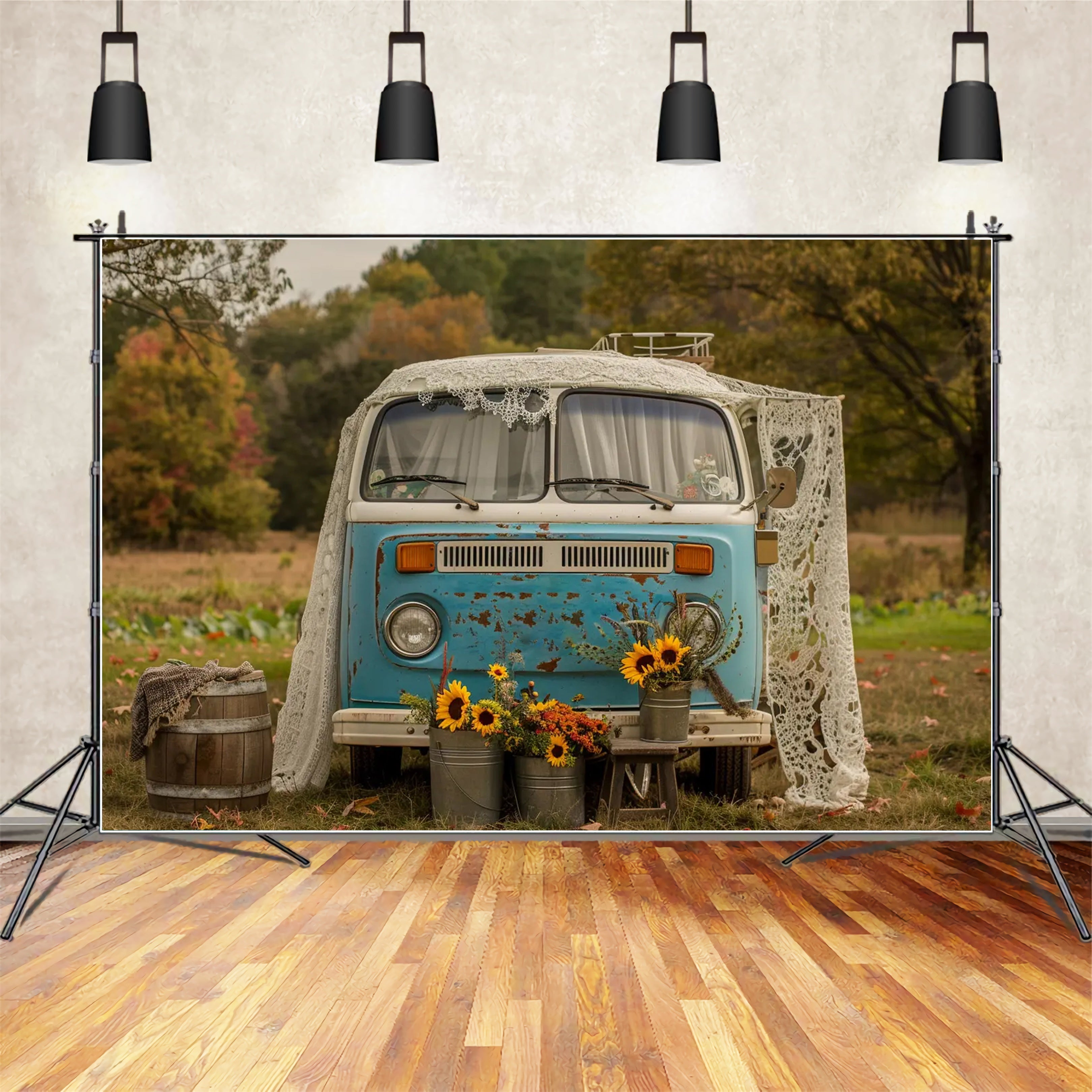 Herbst Sonnenblume Blau Weiß Bus Fotografie Hintergrund BRP7-156
