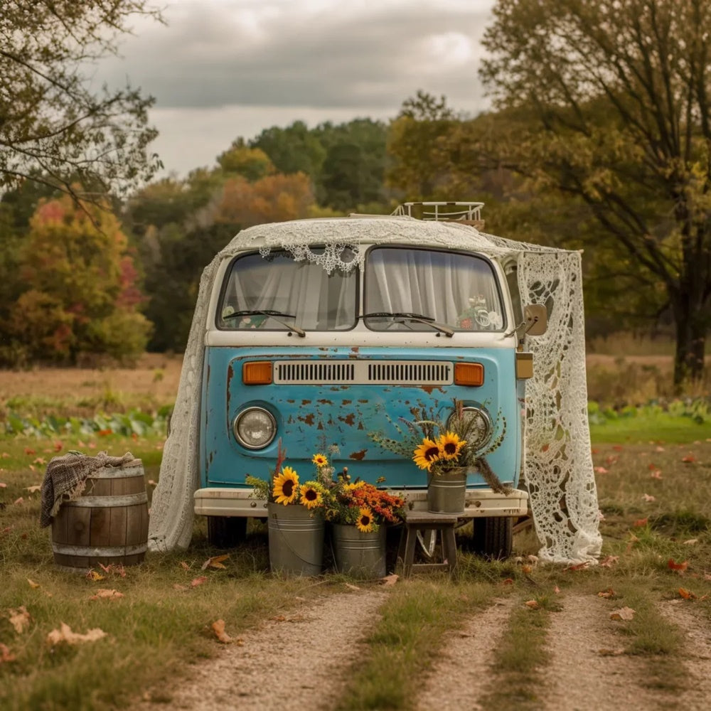 Herbst Sonnenblume Blau Weiß Bus Fotografie Hintergrund BRP7-156