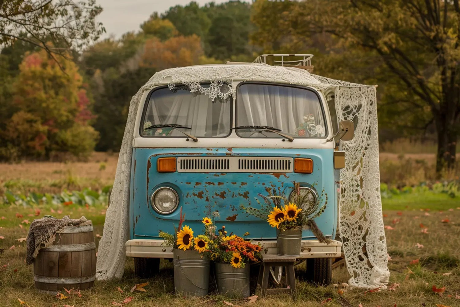 Herbst Sonnenblume Blau Weiß Bus Fotografie Hintergrund BRP7-156