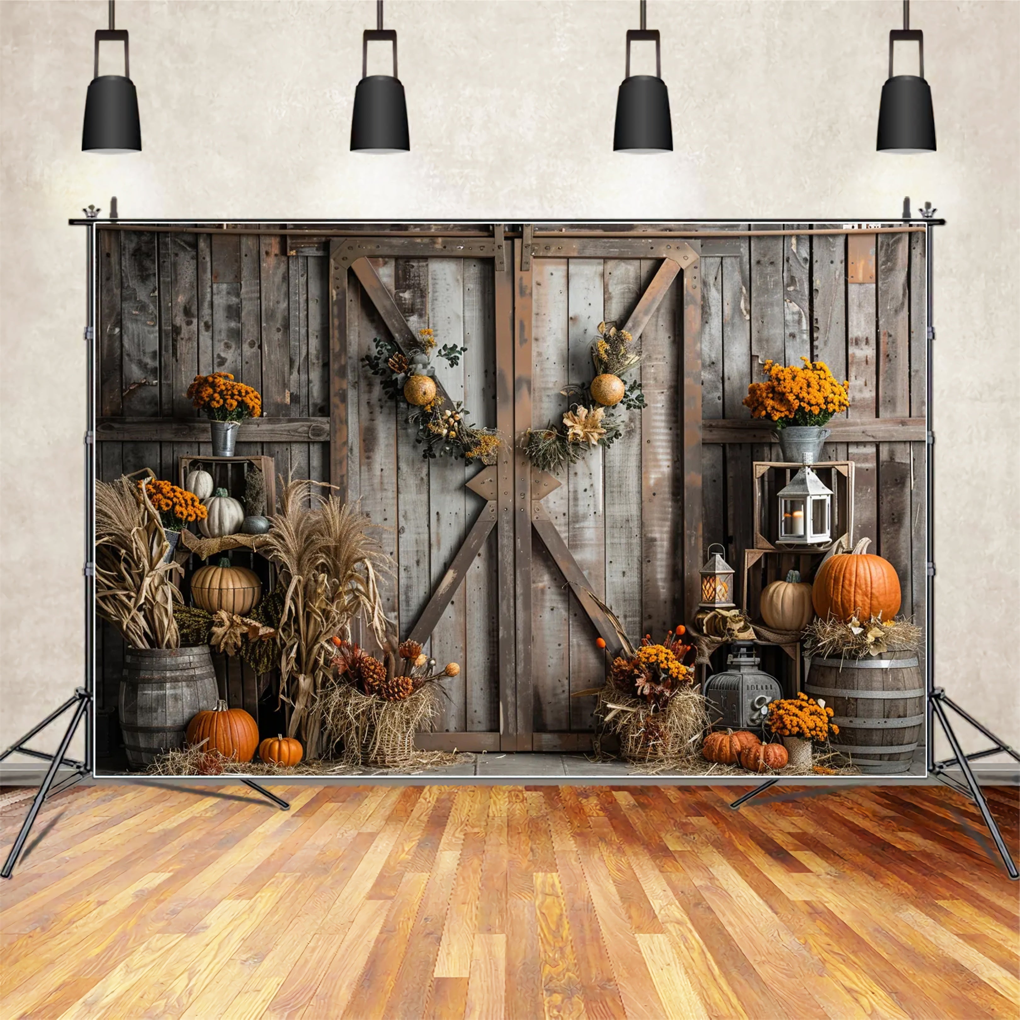 Herbst Braun Holztür Stroh Kürbis Hintergrund BRP7-165