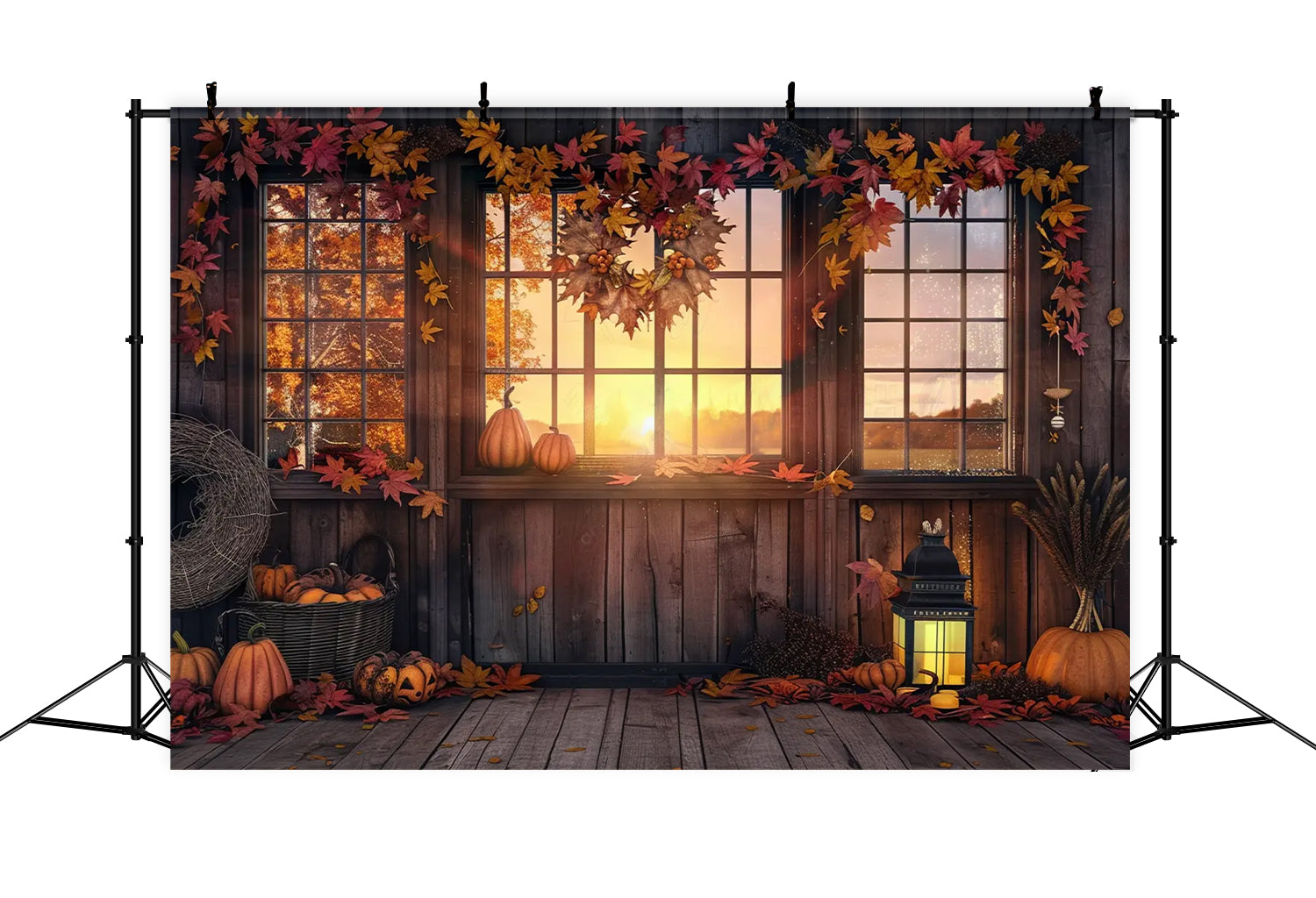 Herbstsonnenuntergang Bauernhof Kürbis Haus Blätter Kulisse BRP7-166