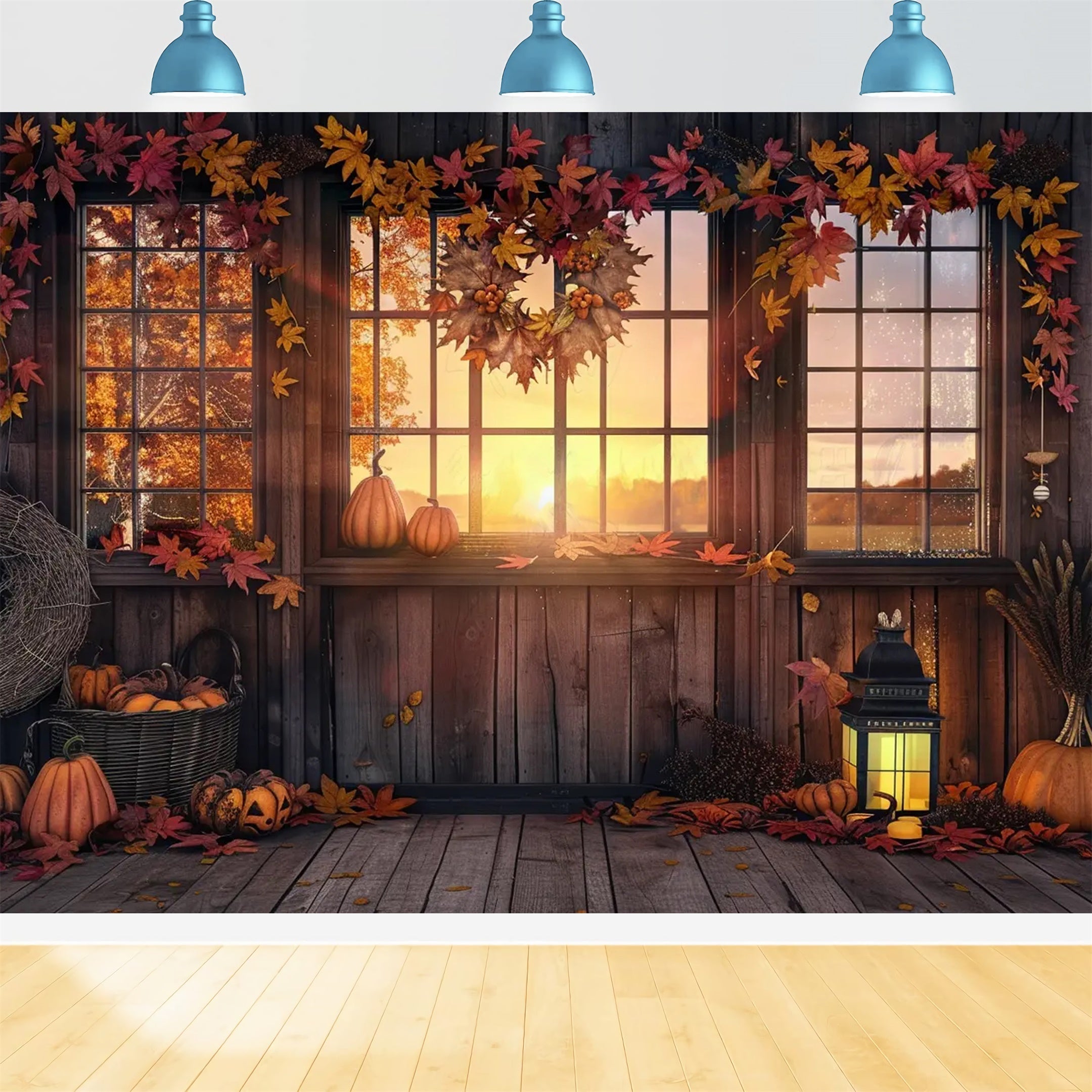 Herbstsonnenuntergang Bauernhof Kürbis Haus Blätter Kulisse BRP7-166