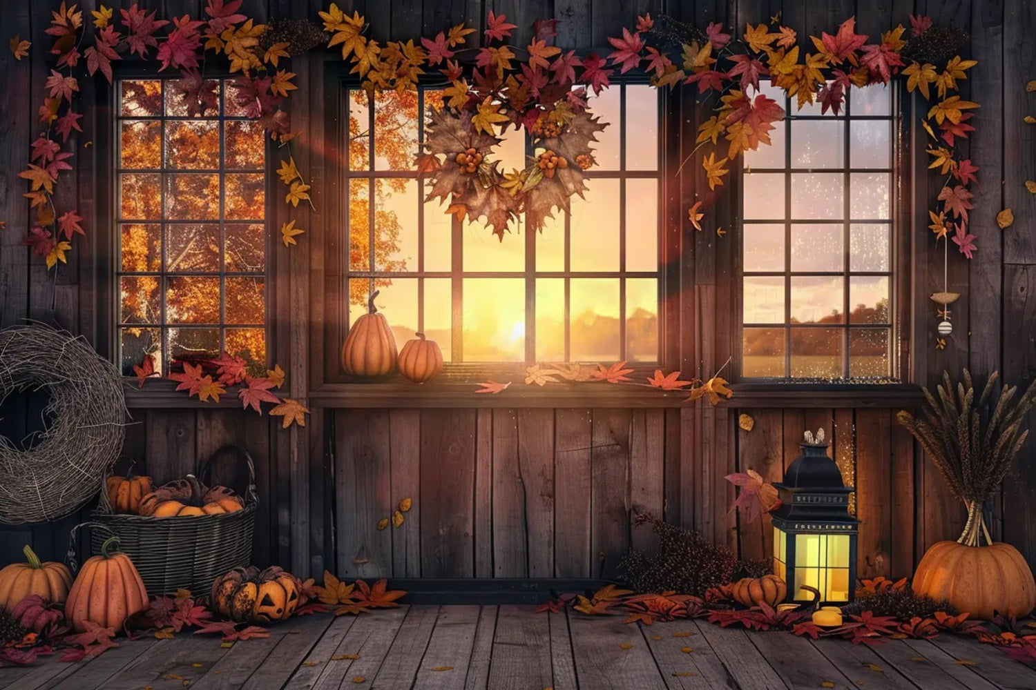 Herbstsonnenuntergang Bauernhof Kürbis Haus Blätter Kulisse BRP7-166