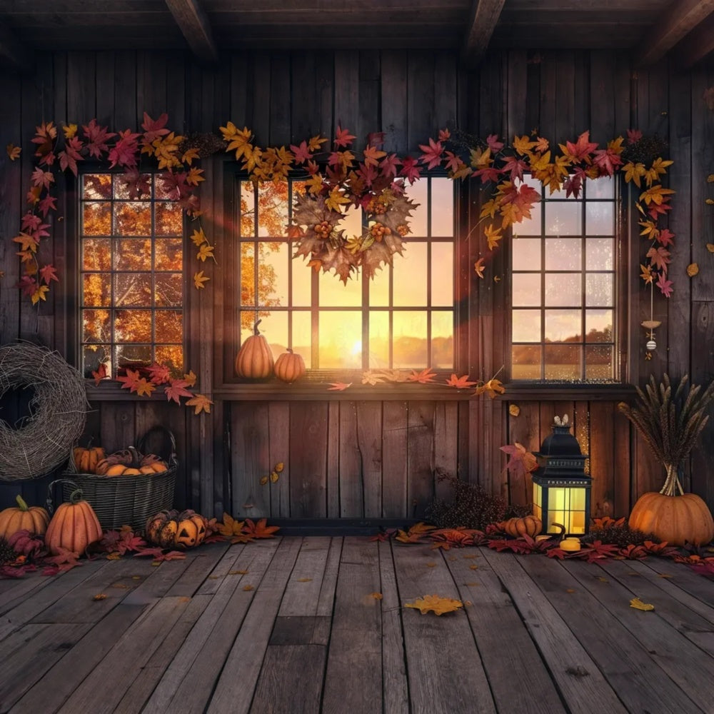 Herbstsonnenuntergang Bauernhof Kürbis Haus Blätter Kulisse BRP7-166