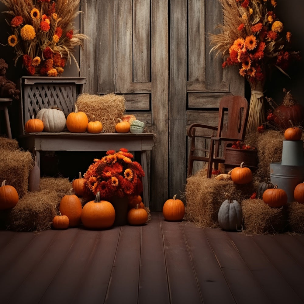 Herbstkürbis Scheune mit Holztür Hintergrund BRP7-78