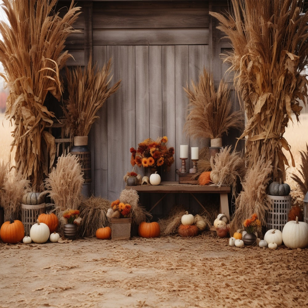 Herbst Holzhaus mit Heuhaufen Backdrop BRP7-79