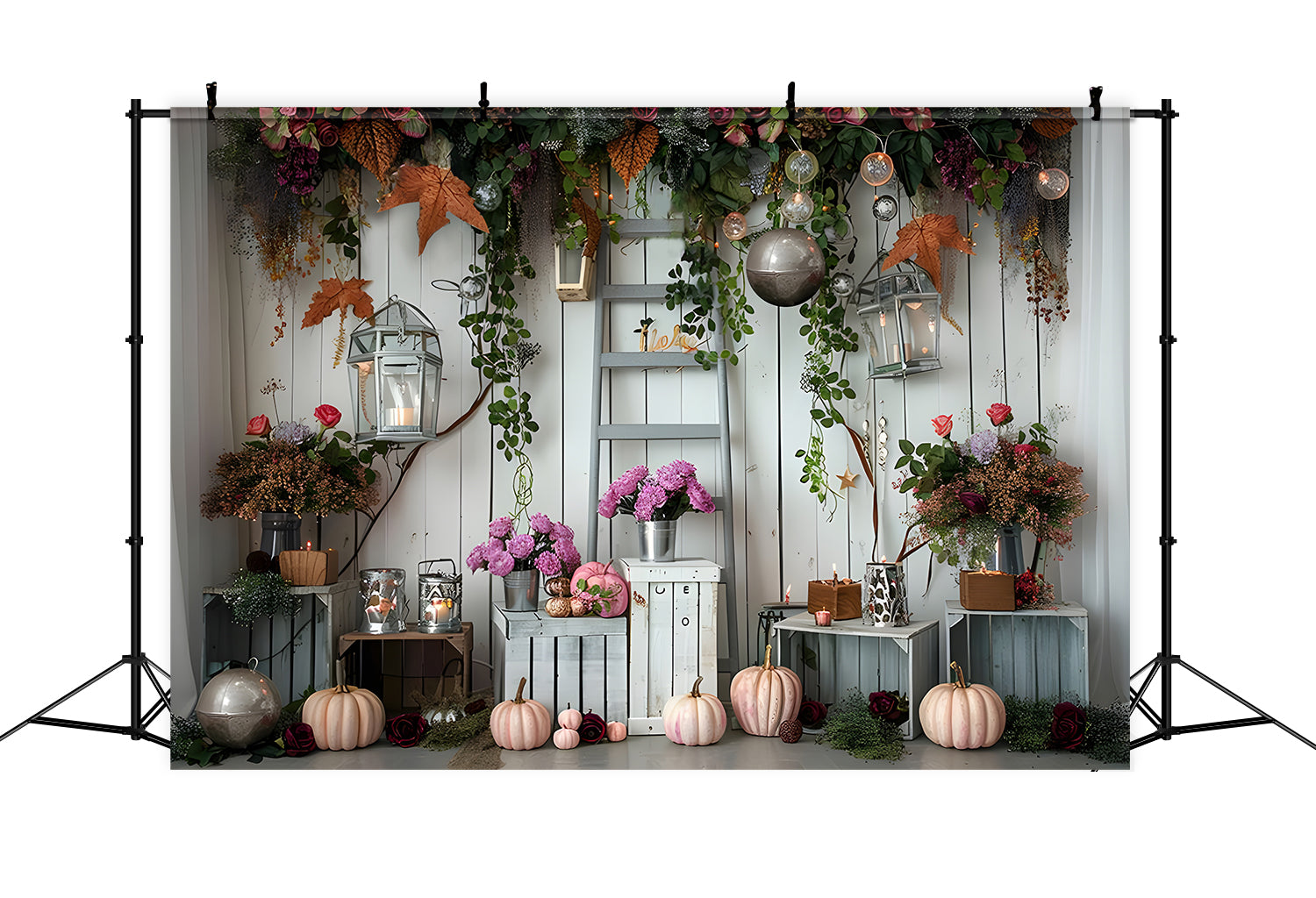 Herbst Kürbisse Blumen und Licht Fotohintergrund BRP7-87