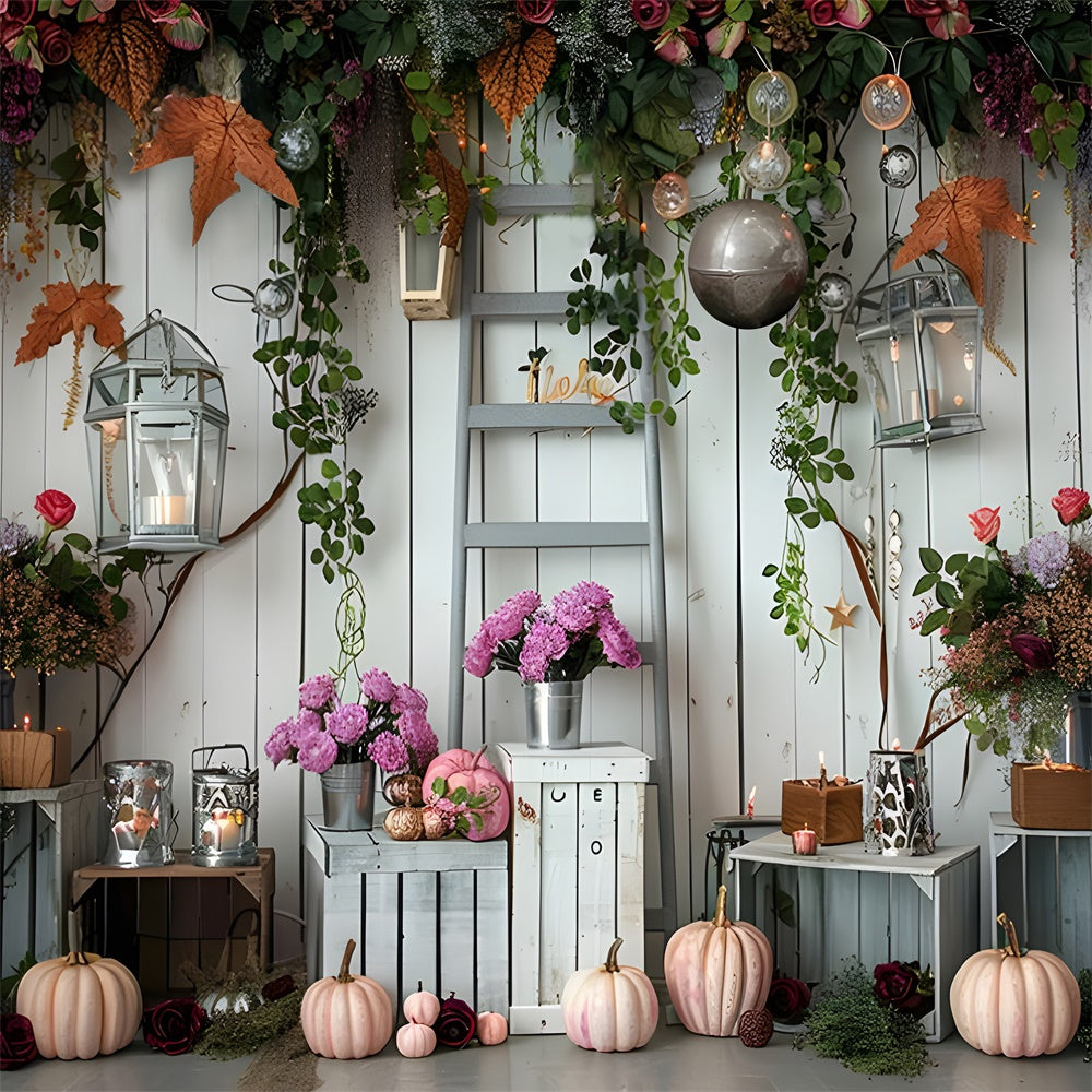 Herbst Kürbisse Blumen und Licht Fotohintergrund BRP7-87