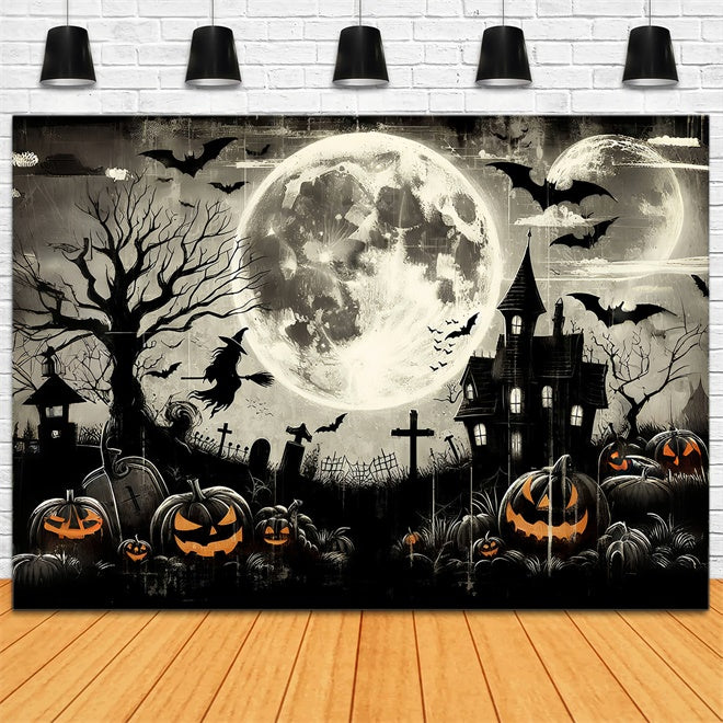 Gruseliger Halloween Friedhof mit fliegender Hexe Hintergrund BRP8-197