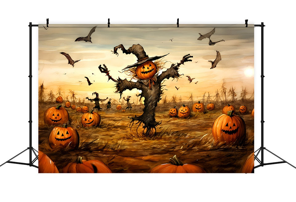 Halloween Gespenstische Vogelscheuche im Kürbisfeld Hintergrund BRP8-202