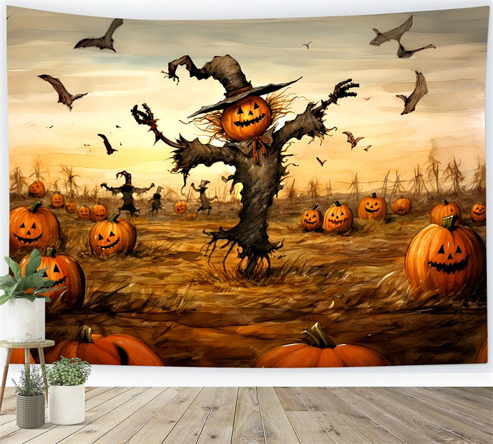 Halloween Gespenstische Vogelscheuche im Kürbisfeld Hintergrund BRP8-202