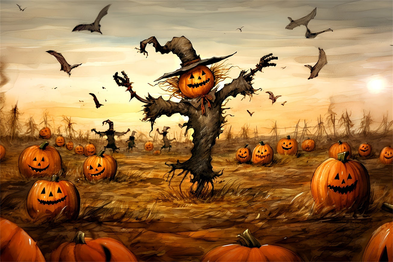 Halloween Gespenstische Vogelscheuche im Kürbisfeld Hintergrund BRP8-202