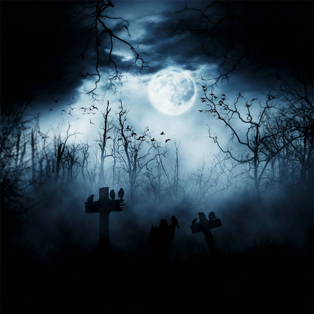 Nebelige Nacht mit Krähen Halloween Wald Hintergrund BRP8-246