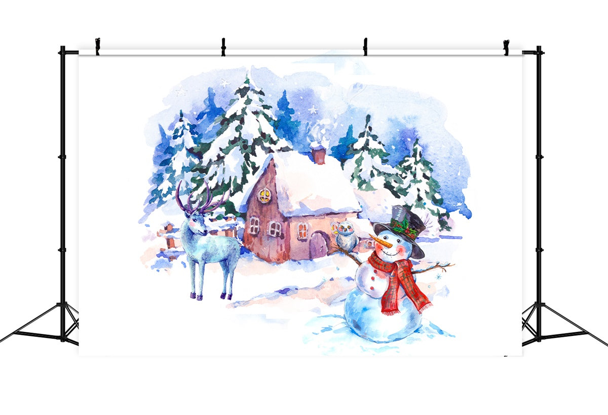 Aquarell Schneemann und Rentier Weihnachten Hütte Hintergrund BRP8-301