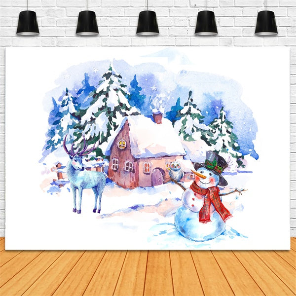 Aquarell Schneemann und Rentier Weihnachten Hütte Hintergrund BRP8-301