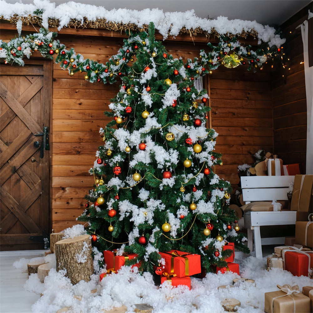 Schneebedeckter Weihnachtsbaum Holzhütte Hintergrund BRP8-306