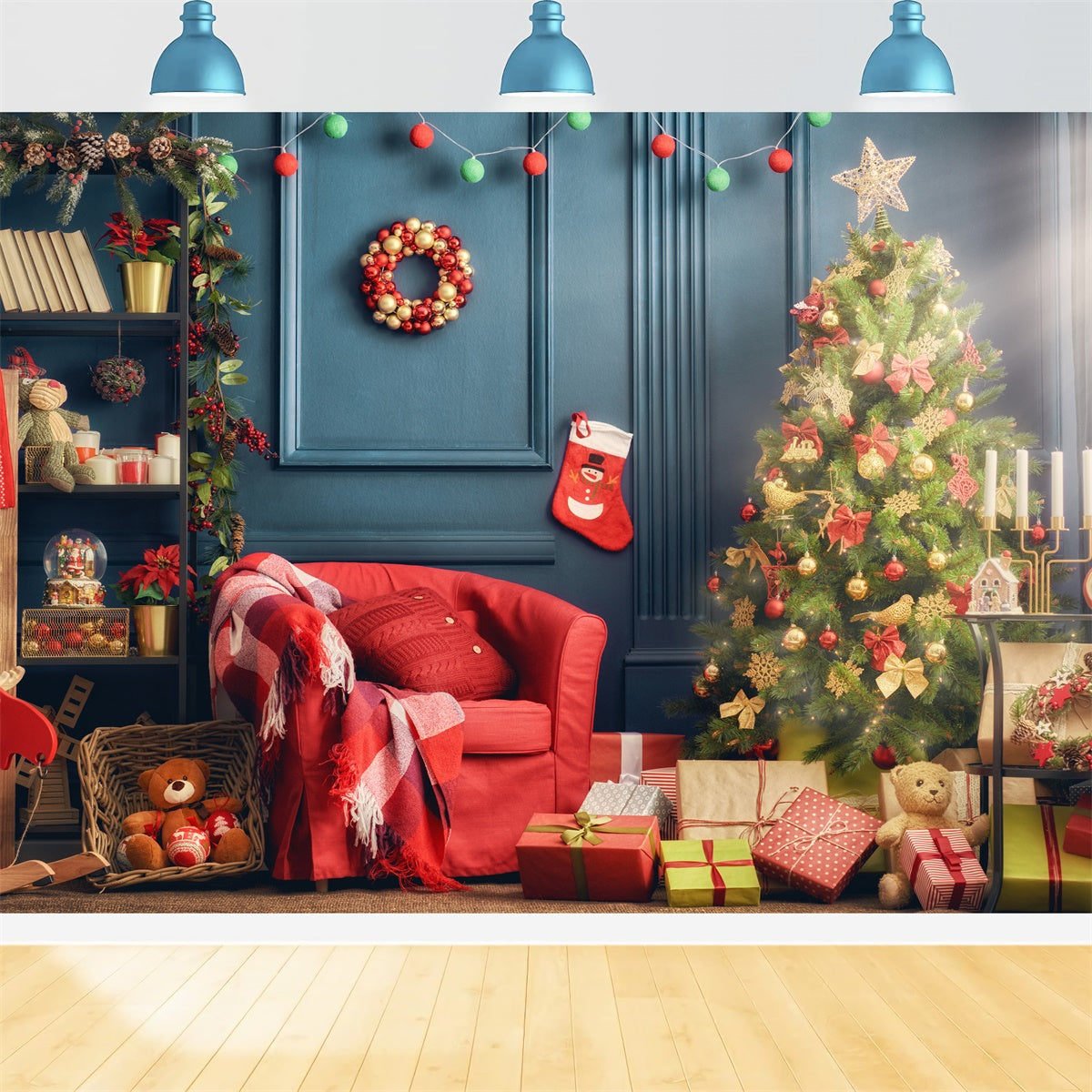 Festliches rotes Sofa und Weihnachtsbaum Hintergrund BRP8-313