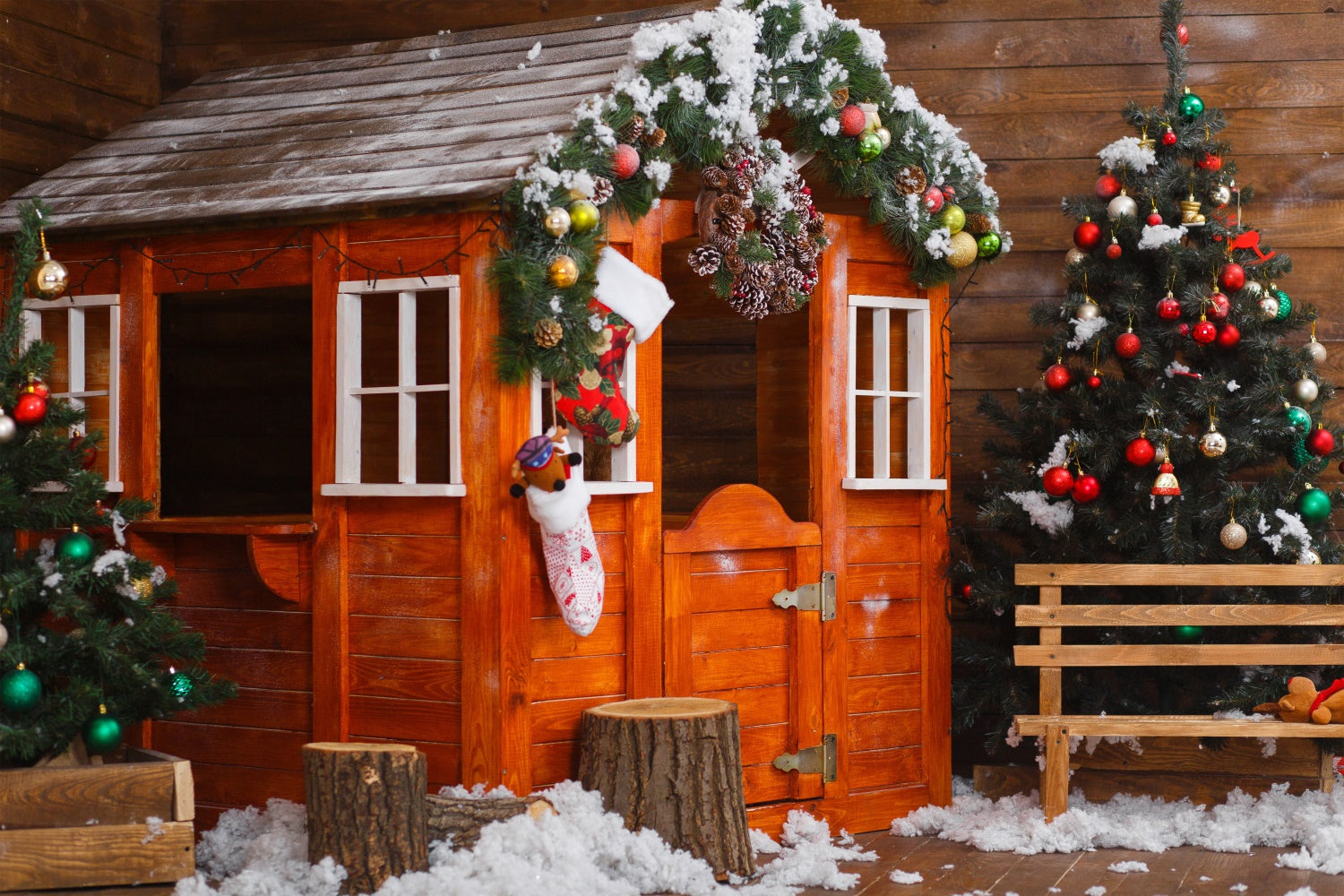 Verschneites Holzhaus Weihnachtsszene Hintergrund BRP8-314