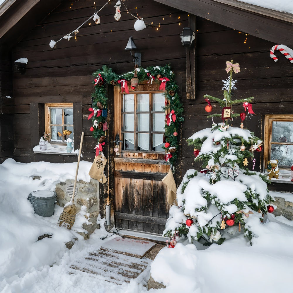 Rustikale Winterhütte mit dekorierter Tür Hintergrund BRP8-315