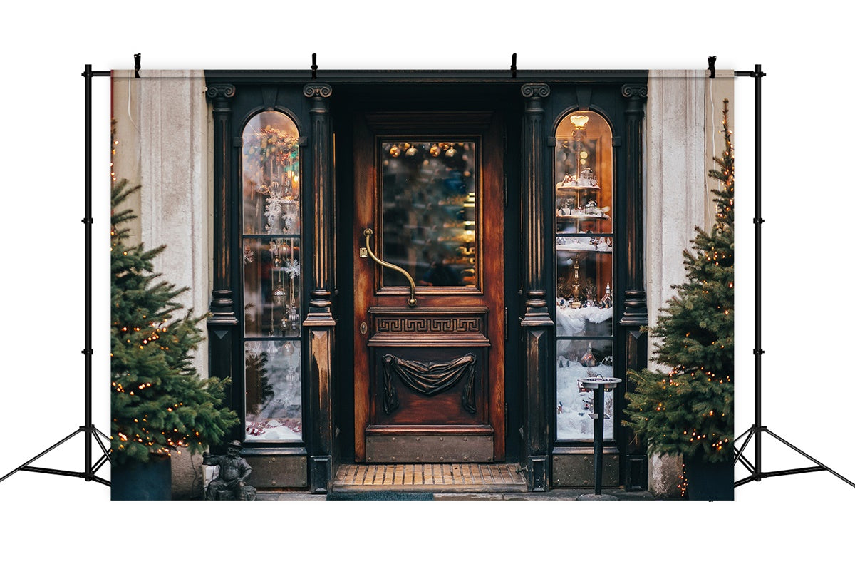 Vintage-Weihnachts-Schaufenster mit Tannenbäumen Hintergrund BRP8-318