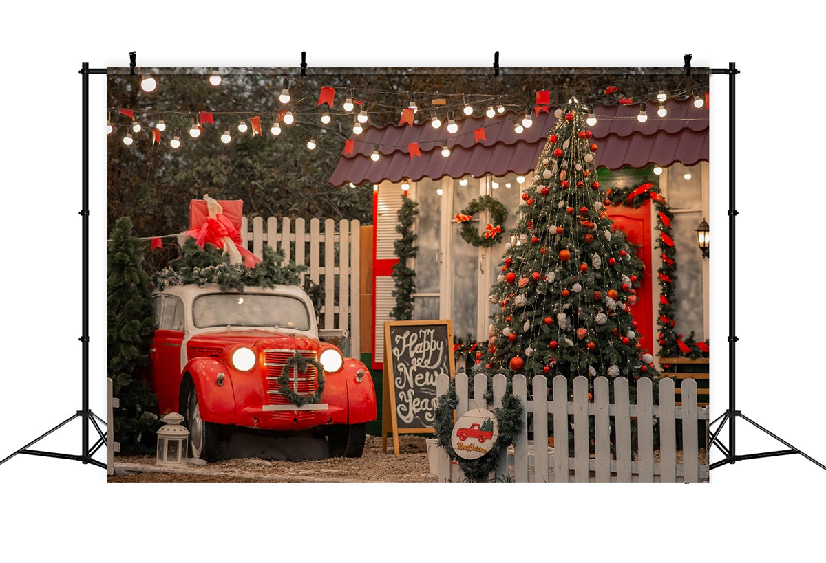 Weihnachtsveranda mit Auto und Baum Hintergrund BRP8-324