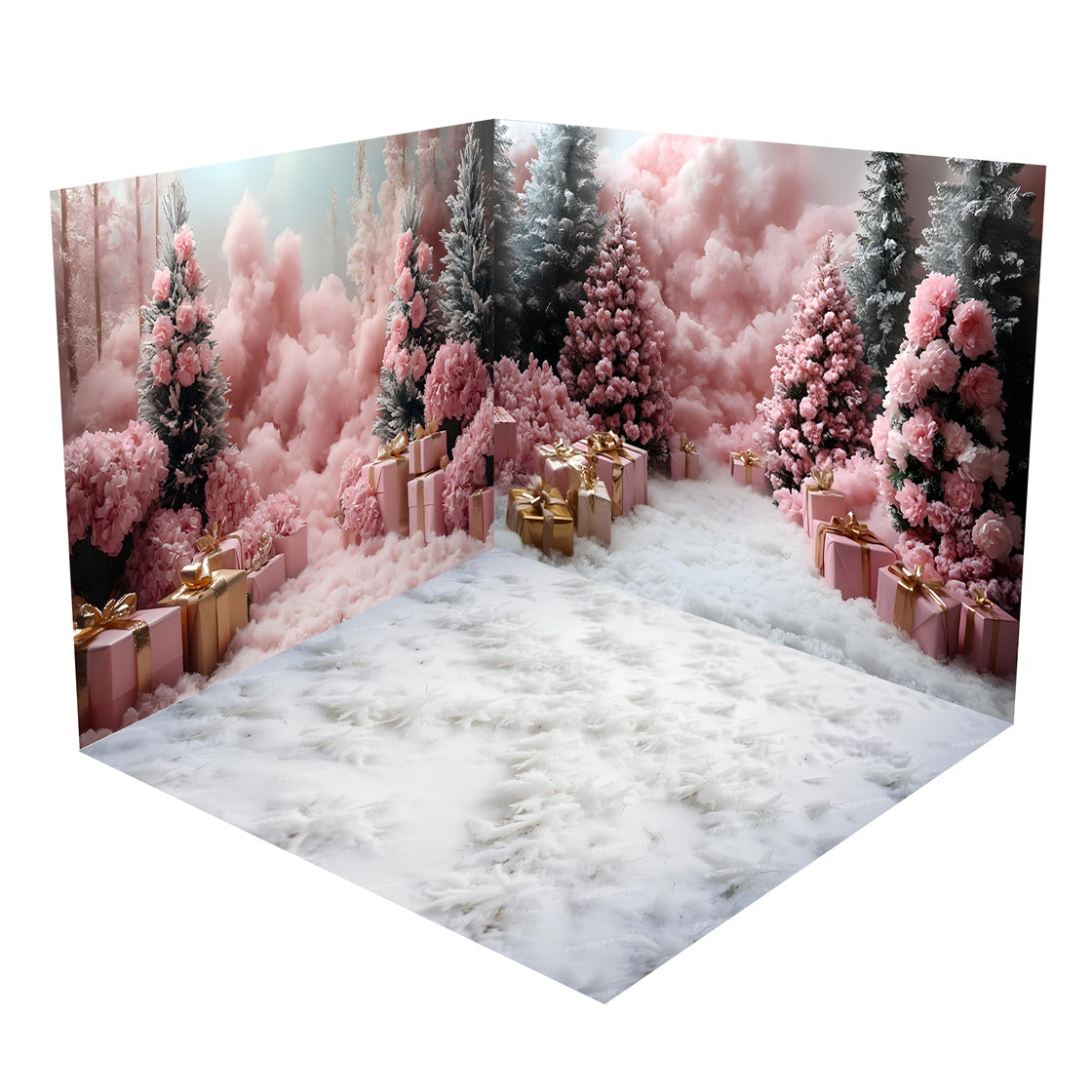 Rosa Weihnachtsbäume verschneites Geschenk-Wunderland Hintergrund Zimmerset BRP8-367