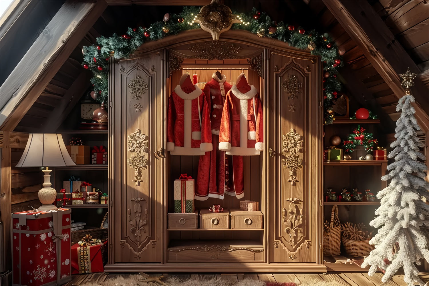 Weihnachtsbaum und Weihnachtsmanngarderobe Hintergrund BRP8-53