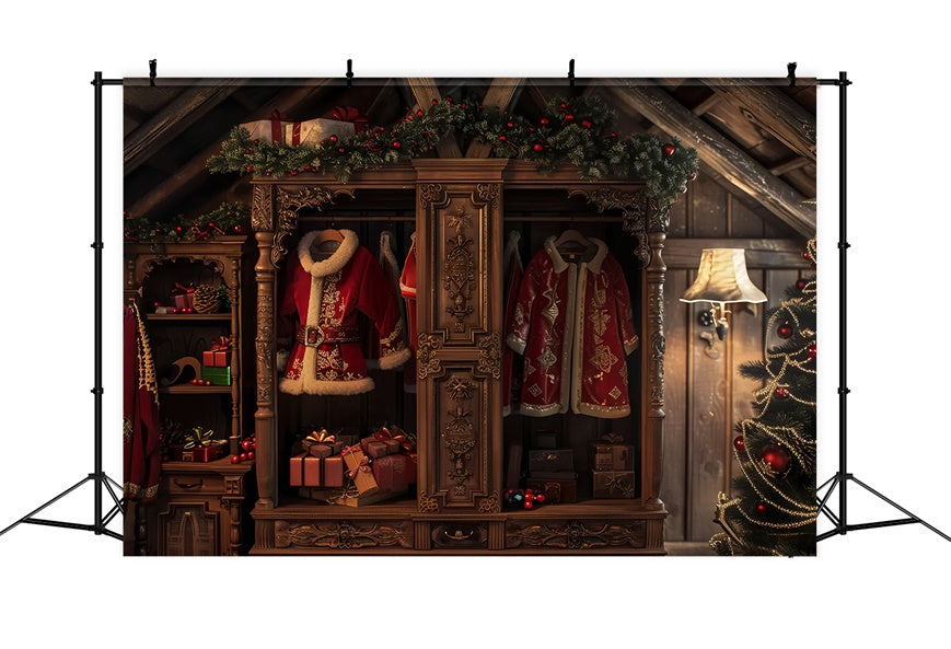 Weihnachtsmann-Garderobe und Geschenke Weihnachtshintergrund BRP8-54