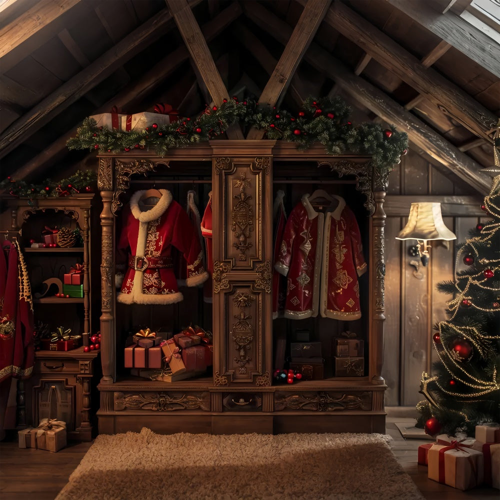 Weihnachtsmann-Garderobe und Geschenke Weihnachtshintergrund BRP8-54