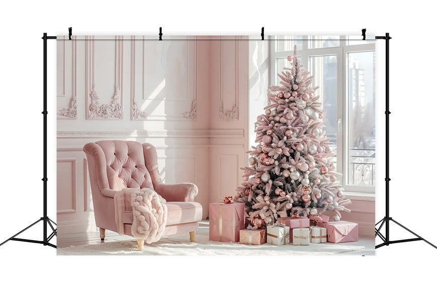 Eleganter rosa Weihnachtsbaum mit Geschenken Hintergrund BRP8-75