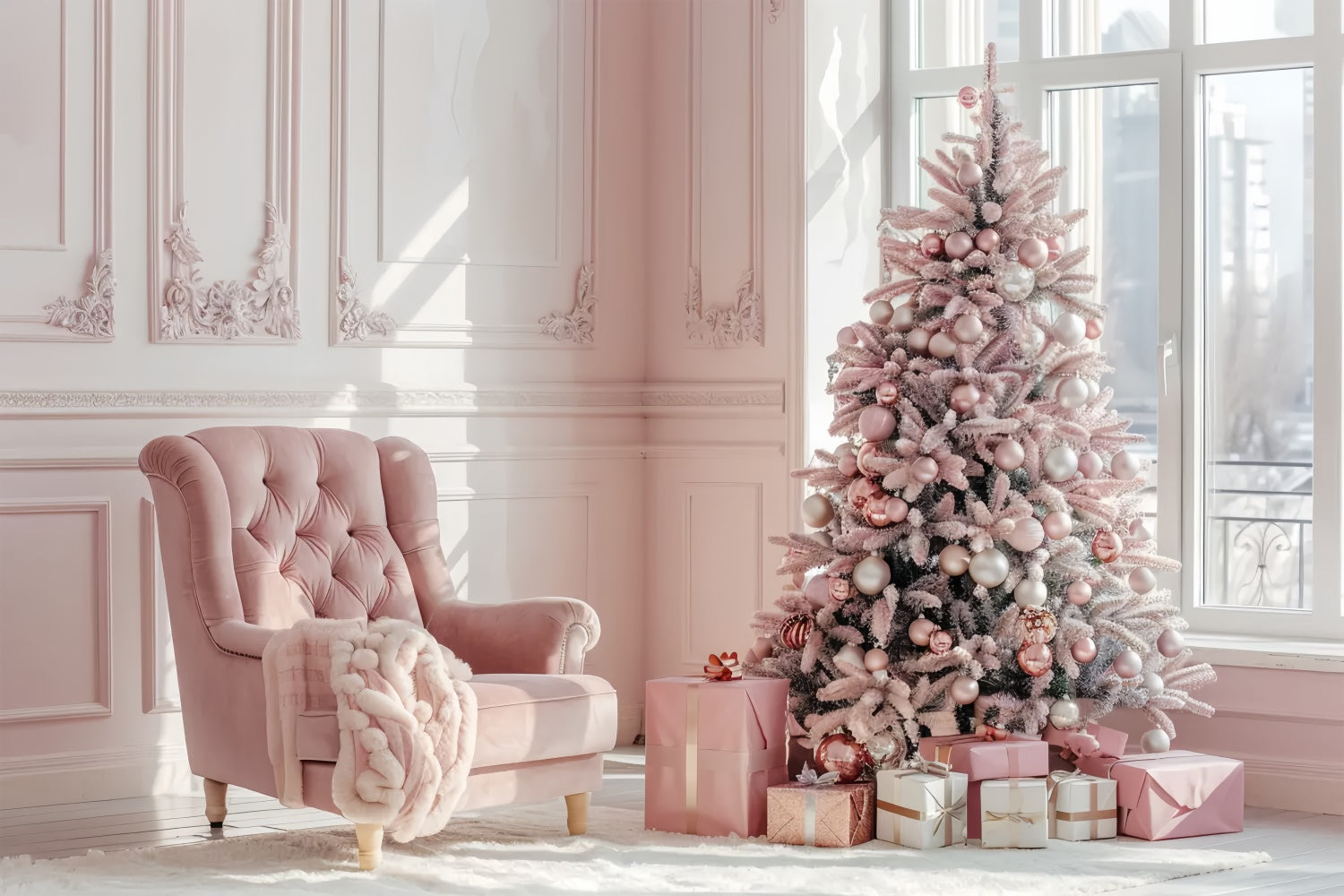 Eleganter rosa Weihnachtsbaum mit Geschenken Hintergrund BRP8-75