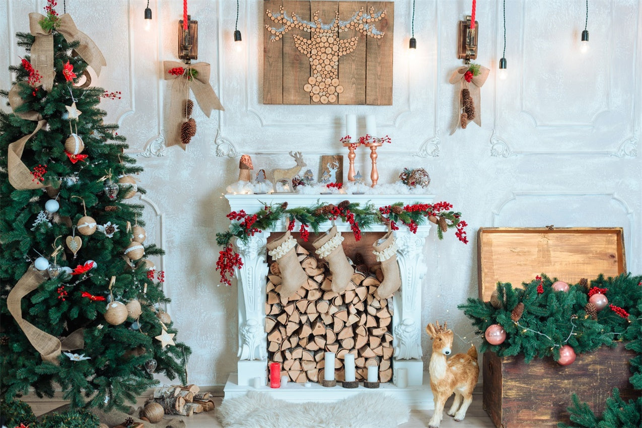 Weihnachten Rustikale Rentier- und Kamin-Hintergrund BRP8-76