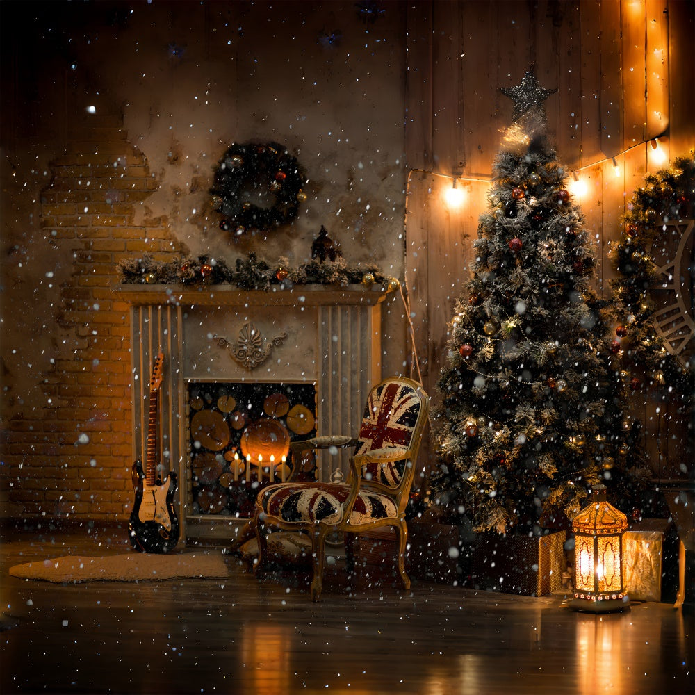 Verschneite Nacht am gemütlichen Kamin Weihnachtshintergrund BRP8-85