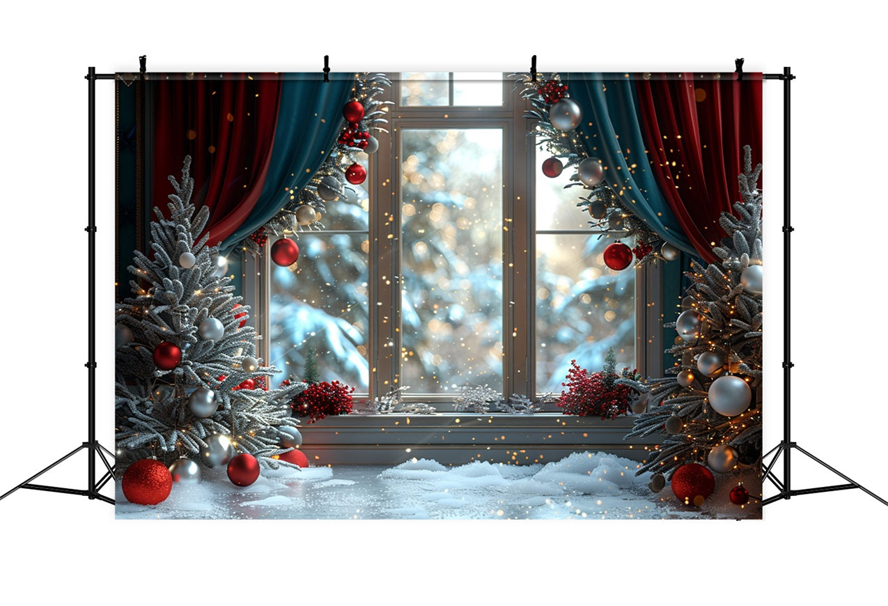 Verschneites Weihnachtsfenster und glitzernde Ornamente Hintergrund BRP9-107