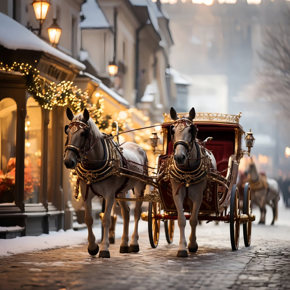 Weihnachtskutsche, die an festlichen Schaufenstern vorbeifährt BRP9-109