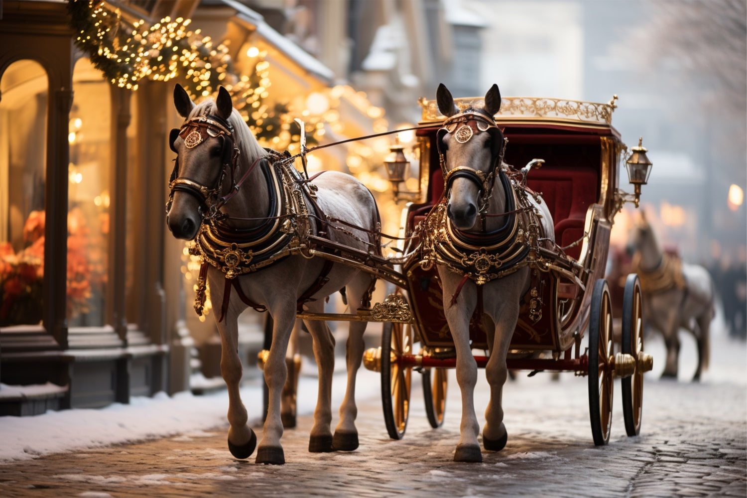 Weihnachtskutsche, die an festlichen Schaufenstern vorbeifährt BRP9-109