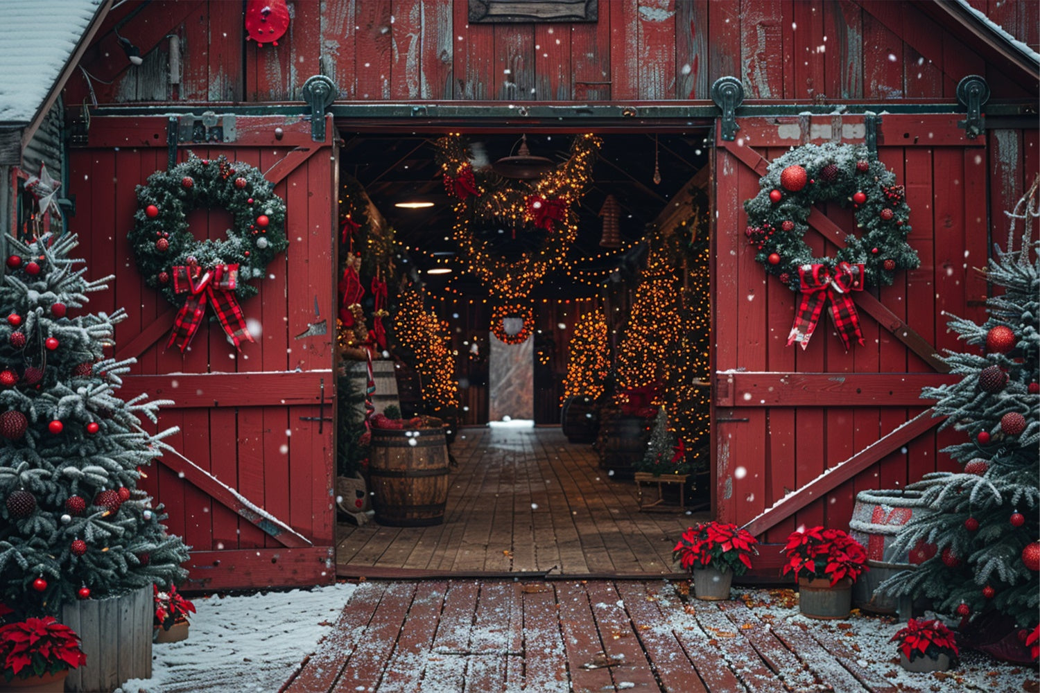 Rustikaler Scheunen-Weihnachtsbaum und Kranz-Wunderland-Kulisse BRP9-117