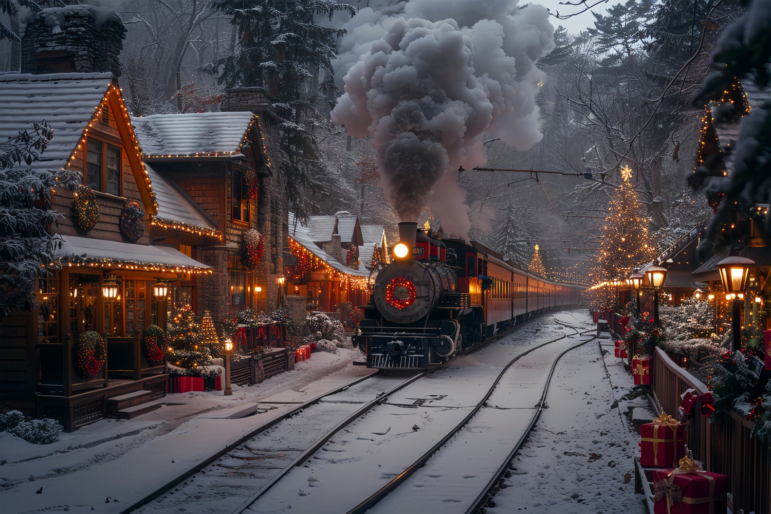 Weihnachtliche Dampfeisenbahn und geschmücktes Dorf Winterkulisse BRP9-122