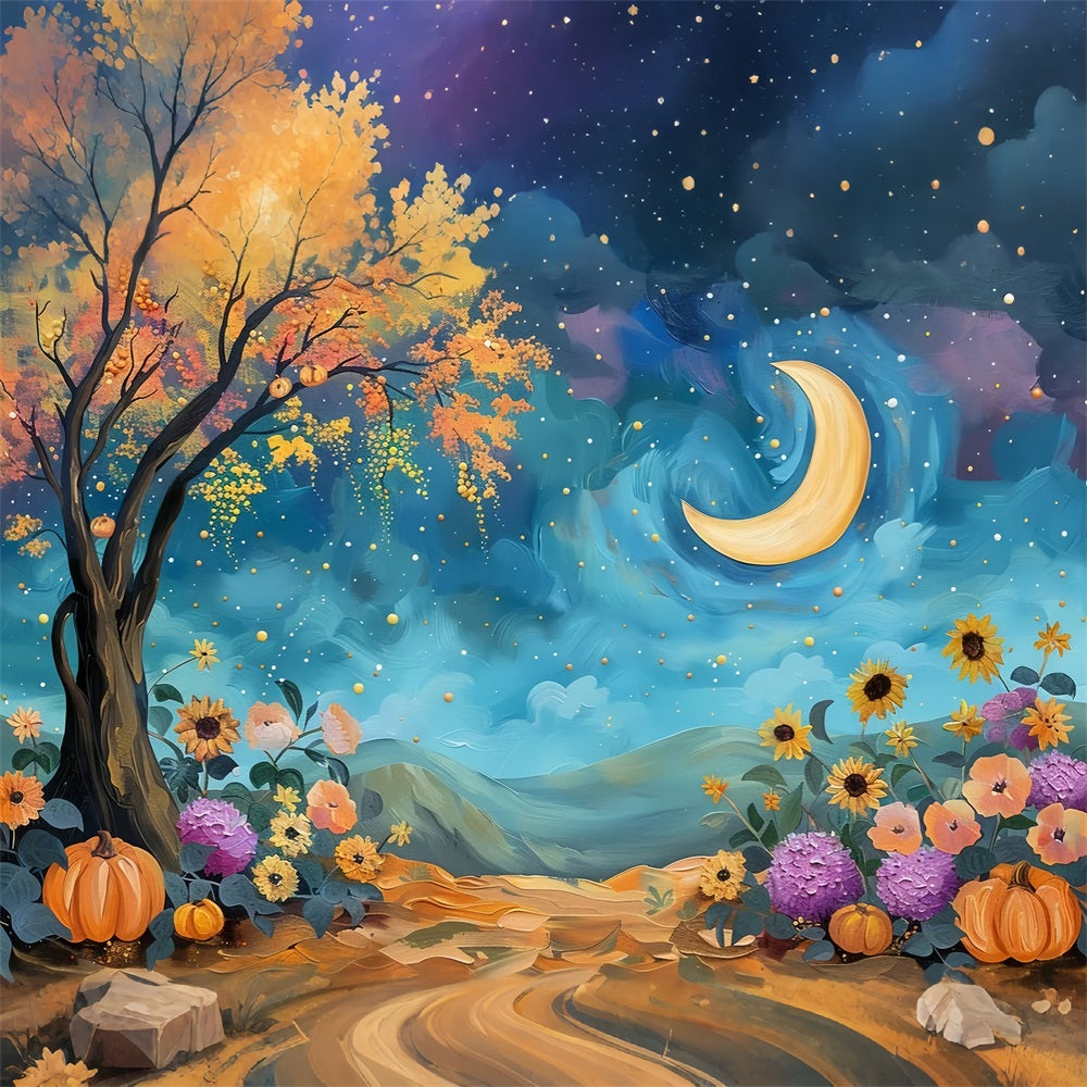 Mystischer Nachthimmel Mond Herbst Blumen Backdrop BRP9-130